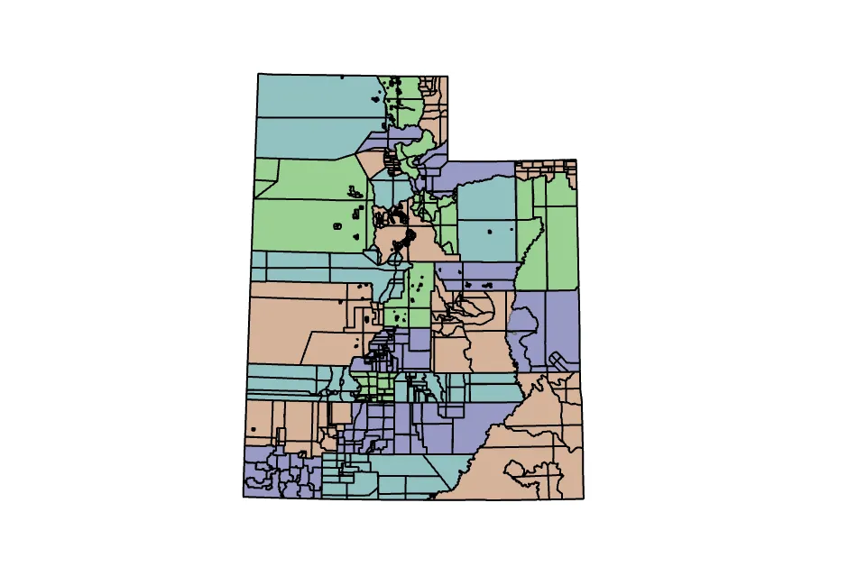 Map of address system quadrants, which vary widely throughout the state, where some quadrants represent large portions of counties and others contain individual municipalities.